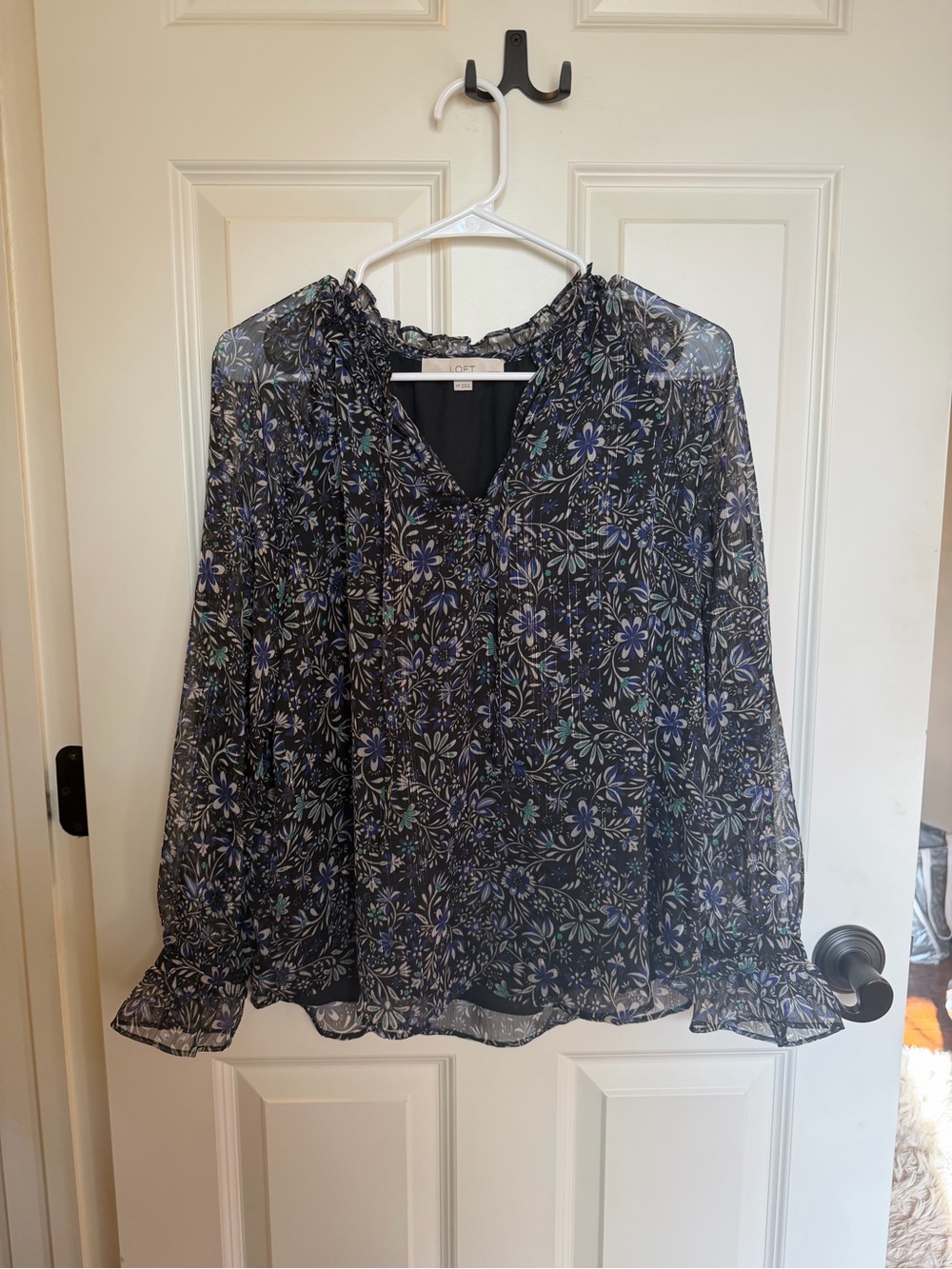 LOFT Black Floral Sheer Ruffle V-Neck Blouse